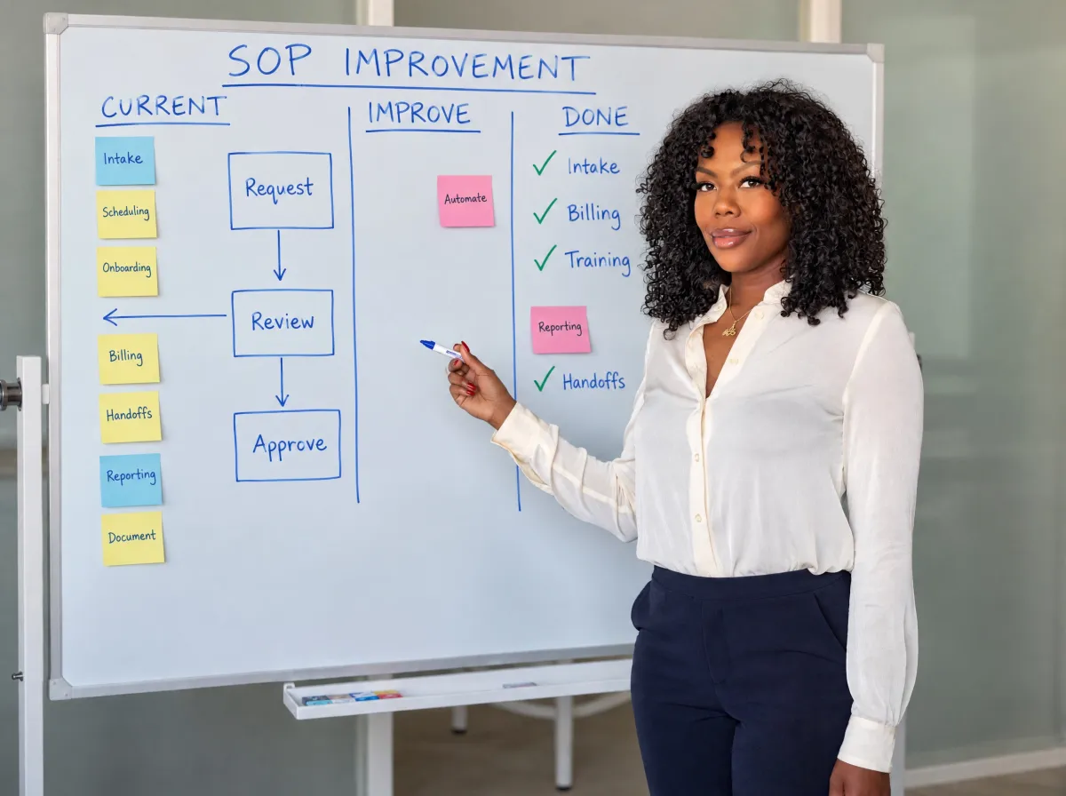 Zuleema Isaac pointing at a whiteboard titled SOP Improvement, with Current, Improve and Done columns
